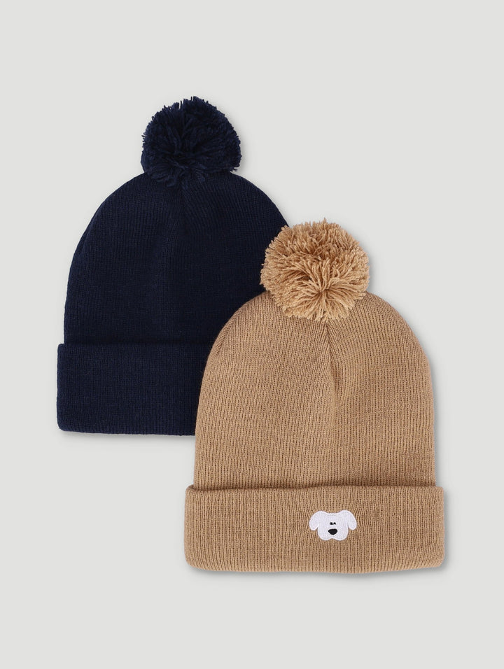 Baby Boys 2 Pack Beanie With Pom Poms - Cream