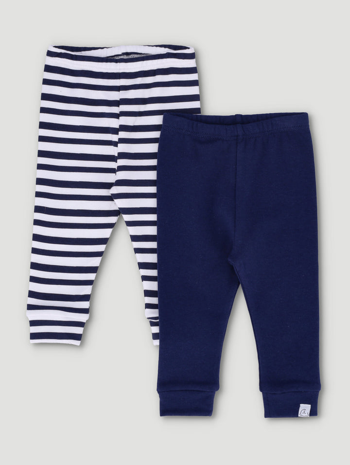 Baby Boys 2 Pack Plain & Stripe Leggings - Navy