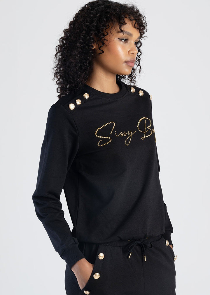 Raglan Sweat Top With Gold Detailing - Black