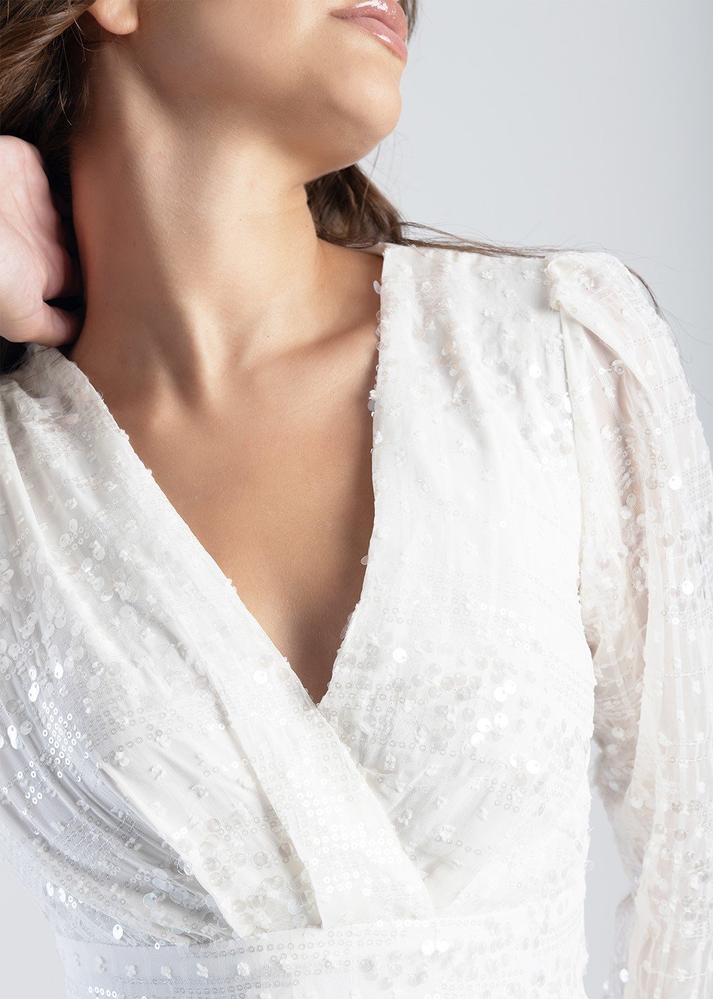 Long Sleeve Mock Wrap Sequins Tiered Short Dress - Off White