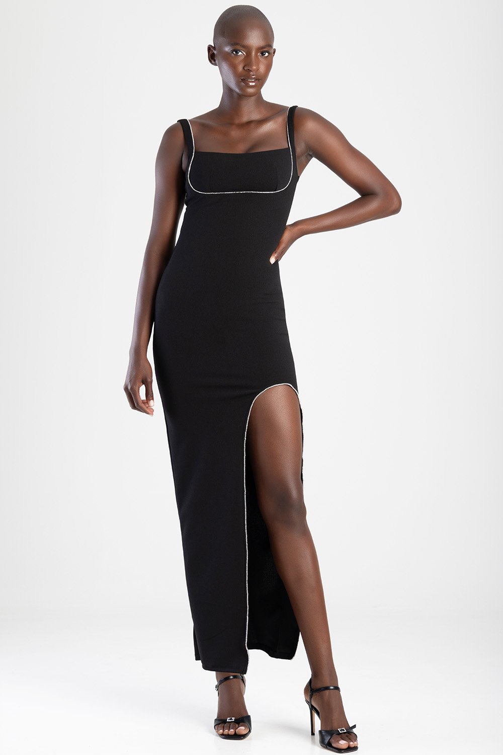Strappy Maxi Dress With Rhinestone Trim Slit - Black – Edgars