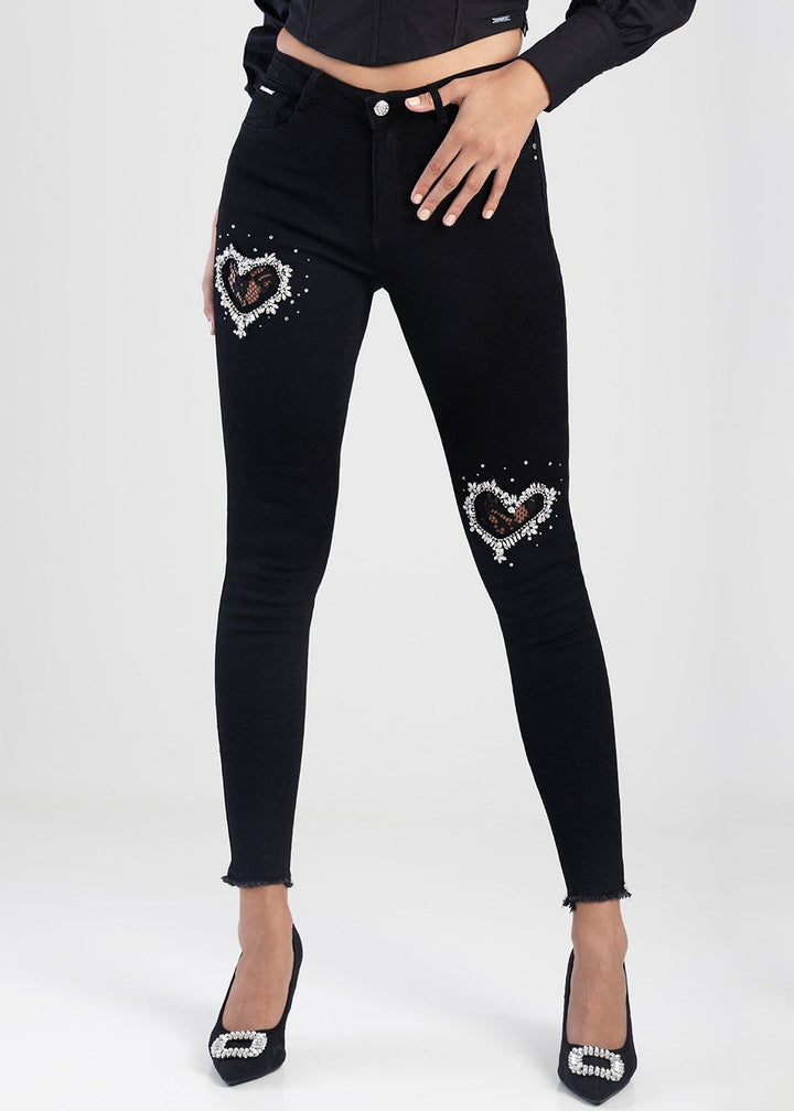 Axel Skinny Jean With Heart Trim - Black