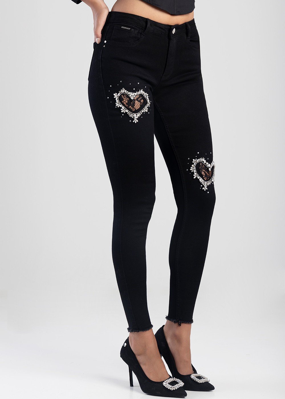 Axel Skinny Jean With Heart Trim - Black