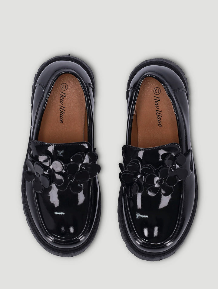 Girls Chunky Flower Loafer - Black