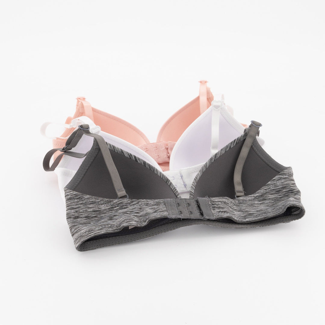 Ladies 3 Pack A-Frame Bra - Grey/Pink/White