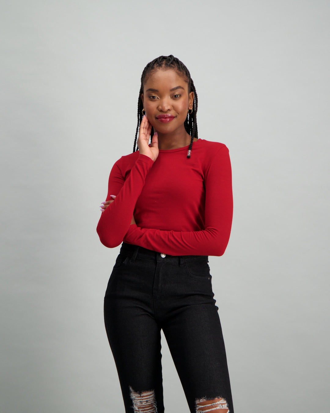 Ladies Long Sleeve Basic T-Shirt - Dark Red