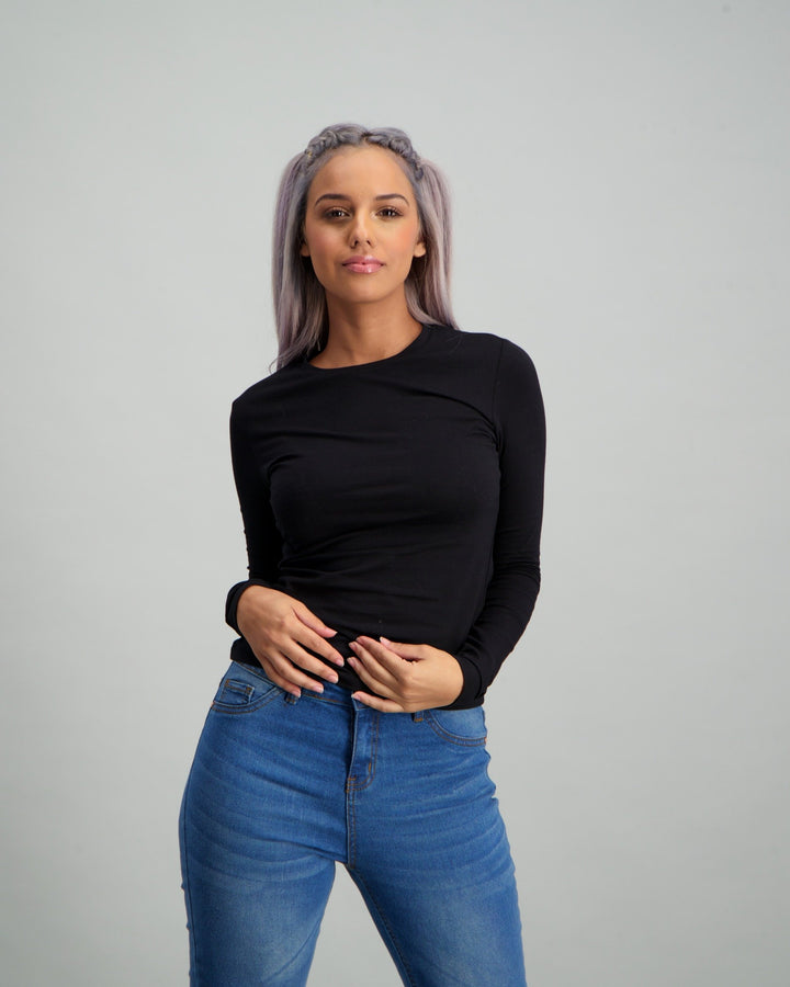 Ladies Long Sleeve Basic T-Shirt - Black