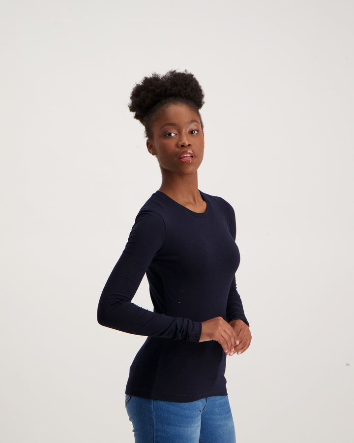 Ladies Long Sleeve Basic T-Shirt - Navy