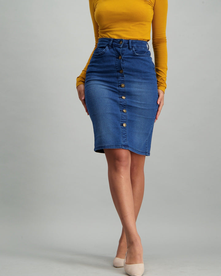 Ladies Button Down Pencil Skirt - Mid Blue