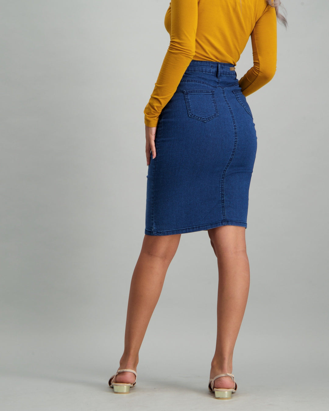 Ladies Button Down Pencil Skirt - Mid Blue