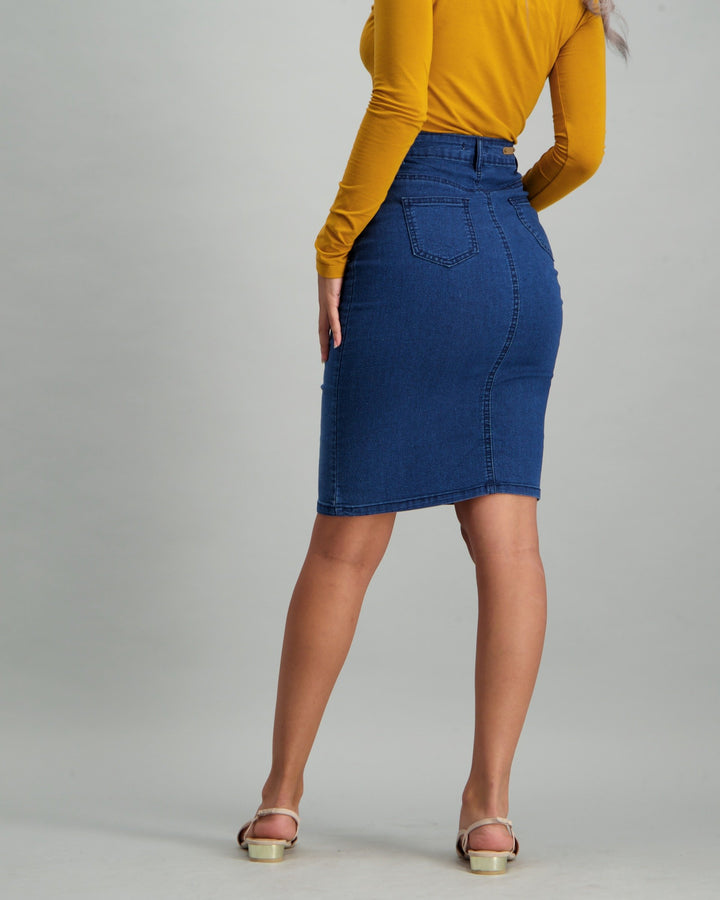 Ladies Button Down Pencil Skirt - Mid Blue