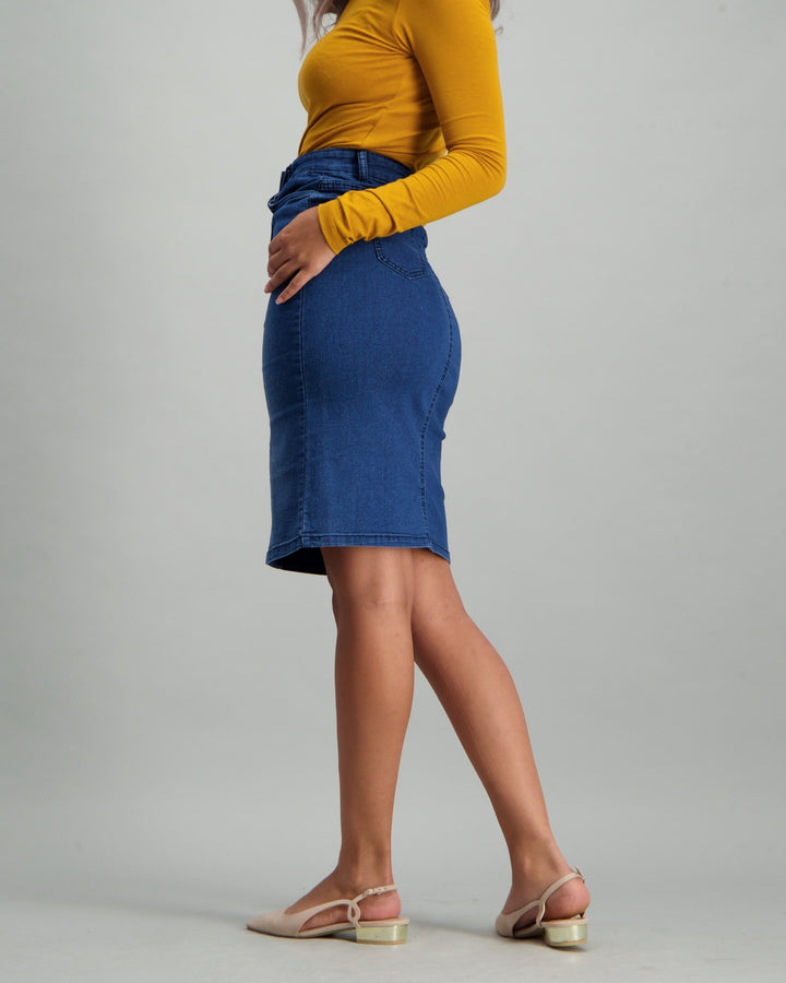 Ladies Button Down Pencil Skirt - Mid Blue