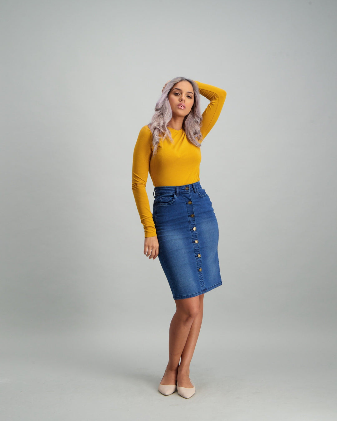 Ladies Button Down Pencil Skirt - Mid Blue