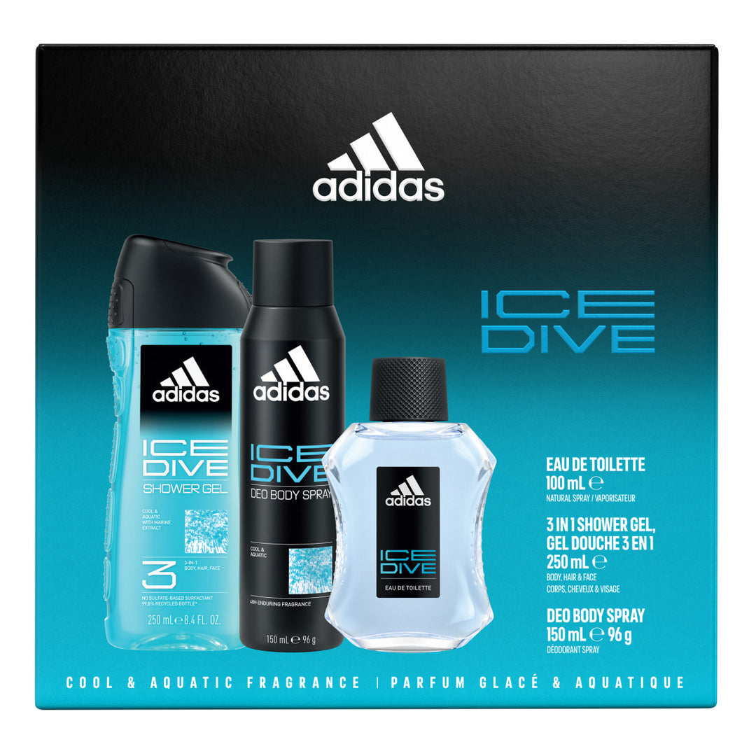 Adidas Ice Dive Giftset including an Eau de Toilette, Deo Body Spray and Shower Gel 100 ML + 250 ML + 150 ML