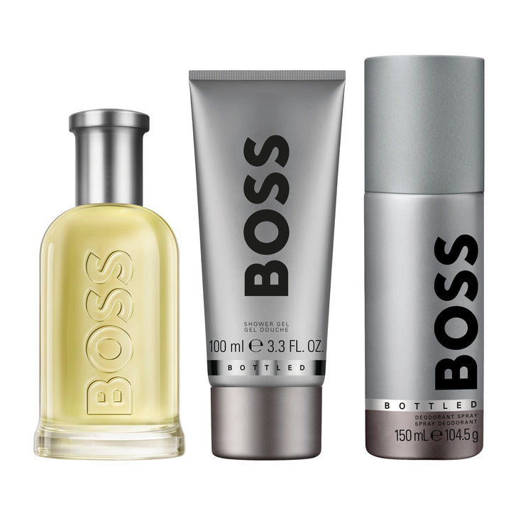 BOSS Bottled Eau de Toilette, Shower Gel, and Deodorant Spray for Men Trio Gift Set