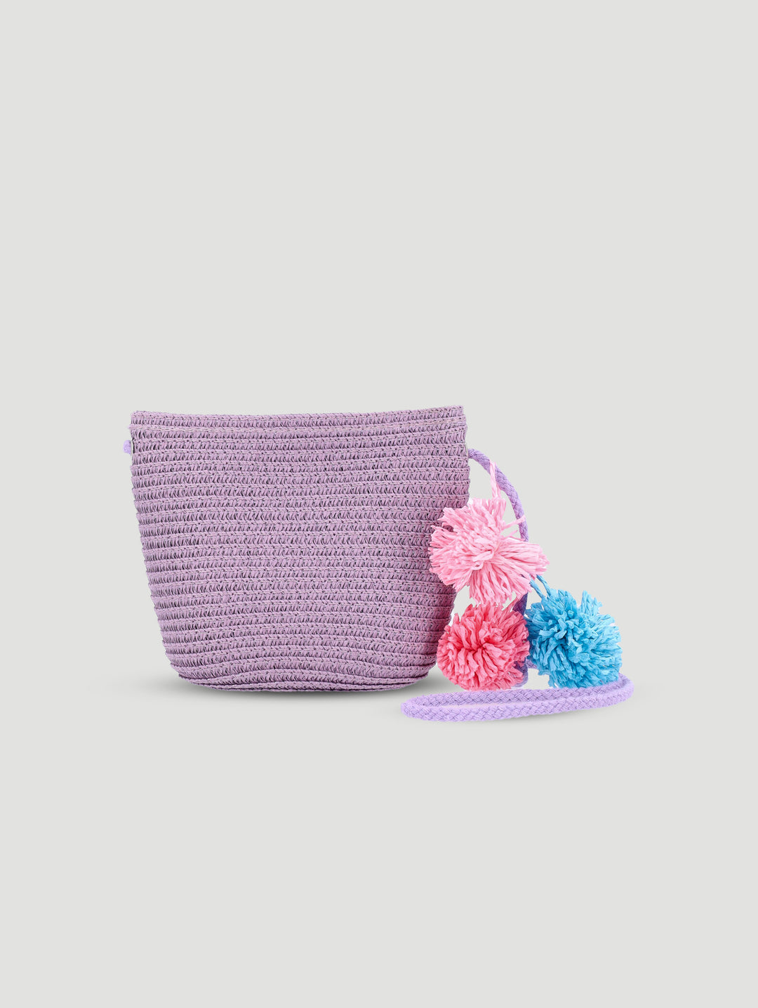 Girls Straw Pom Pom Sling Bag - Lilac