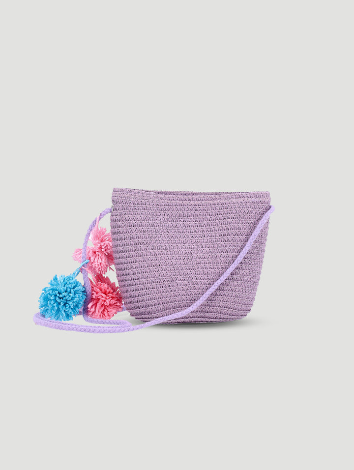 Girls Straw Pom Pom Sling Bag - Lilac