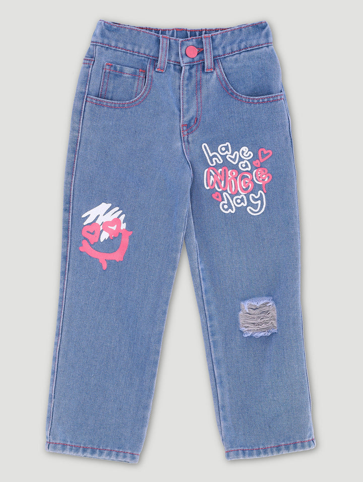 Pre-Girls Graffiti Mom Denim - Light Wash