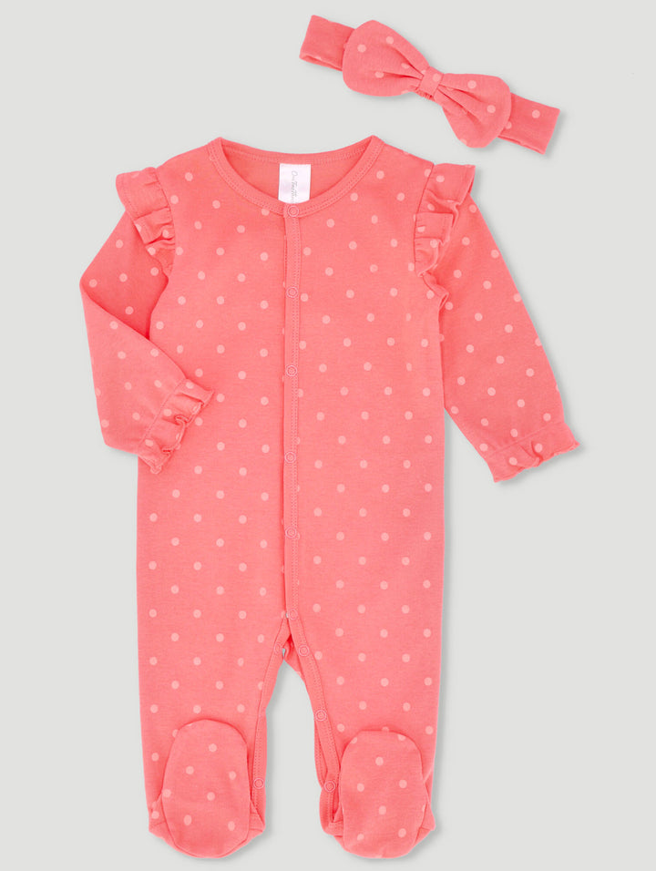 Baby Girls Long Sleeve Spot Frill Sleepsuit - Pink