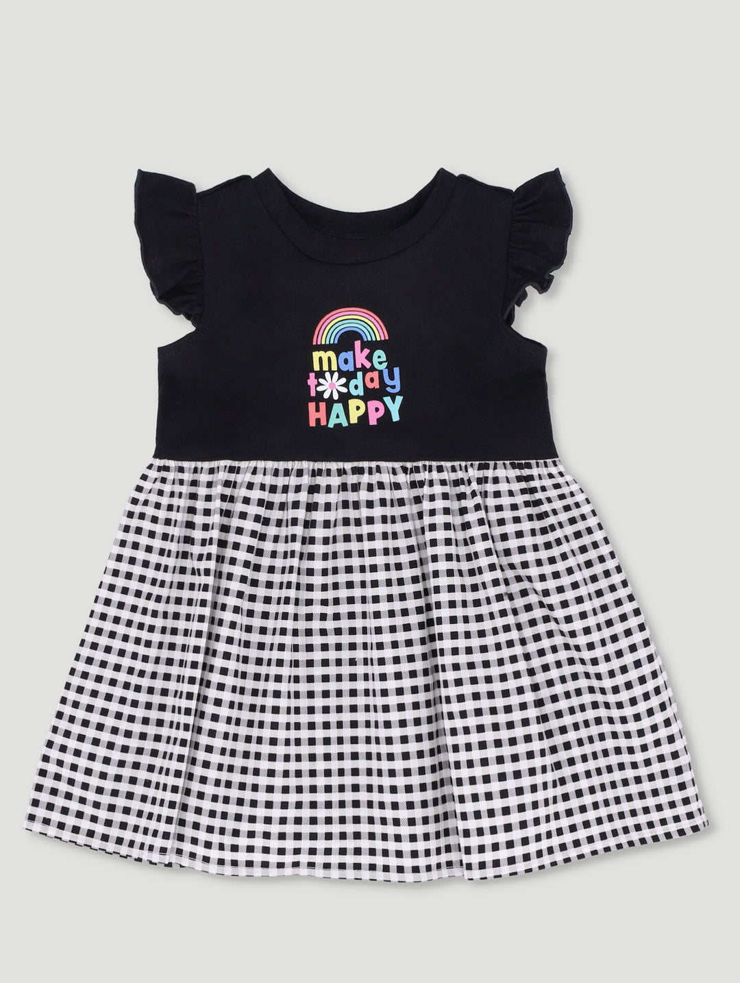 Baby Girls Check Happy Combo Dress - Black