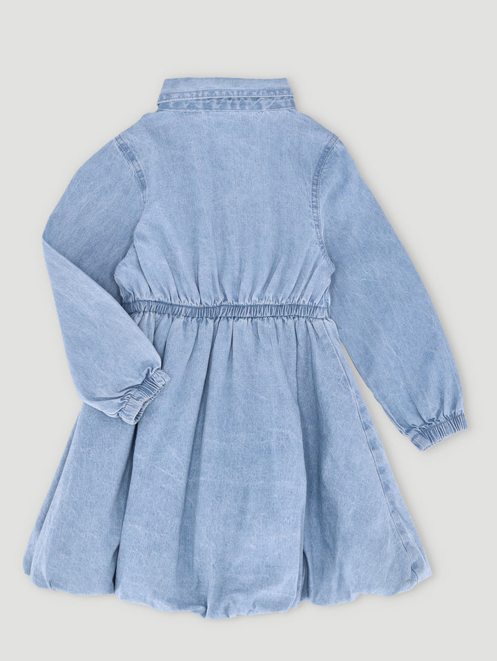 Pre-Girls Long Sleeve Denim Bubble Dress - Mid Blue