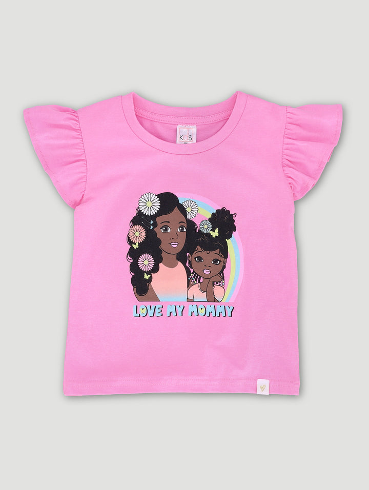 Pre-Girls Shoulder Frill Love My Mom Tee - Pink