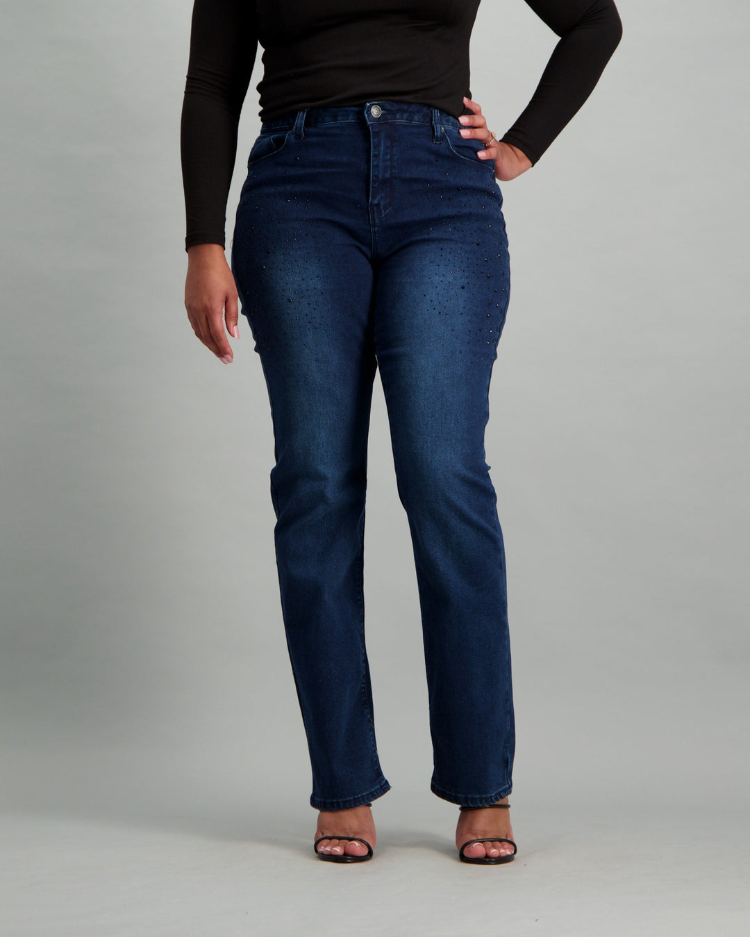 Ladies Dark Blue Straight Jeans with Black Bling