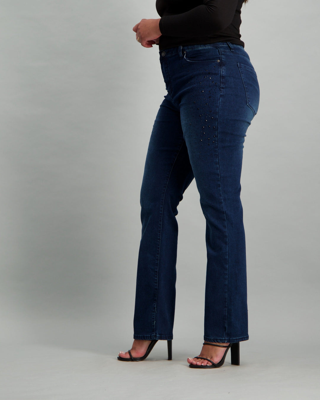 Ladies Dark Blue Straight Jeans with Black Bling