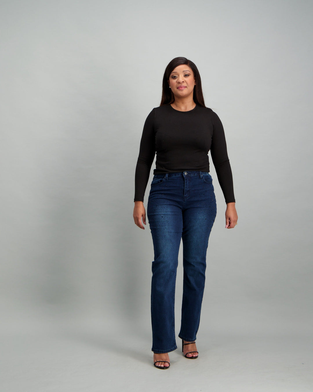 Ladies Dark Blue Straight Jeans with Black Bling