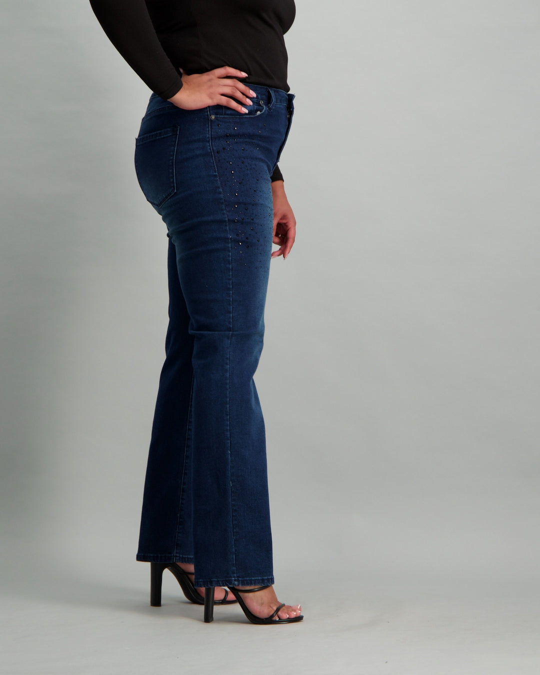Ladies Dark Blue Straight Jeans with Black Bling
