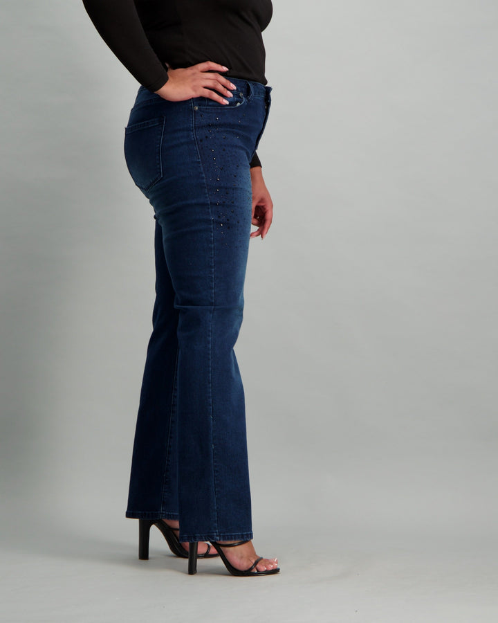 Ladies Dark Blue Straight Jeans with Black Bling