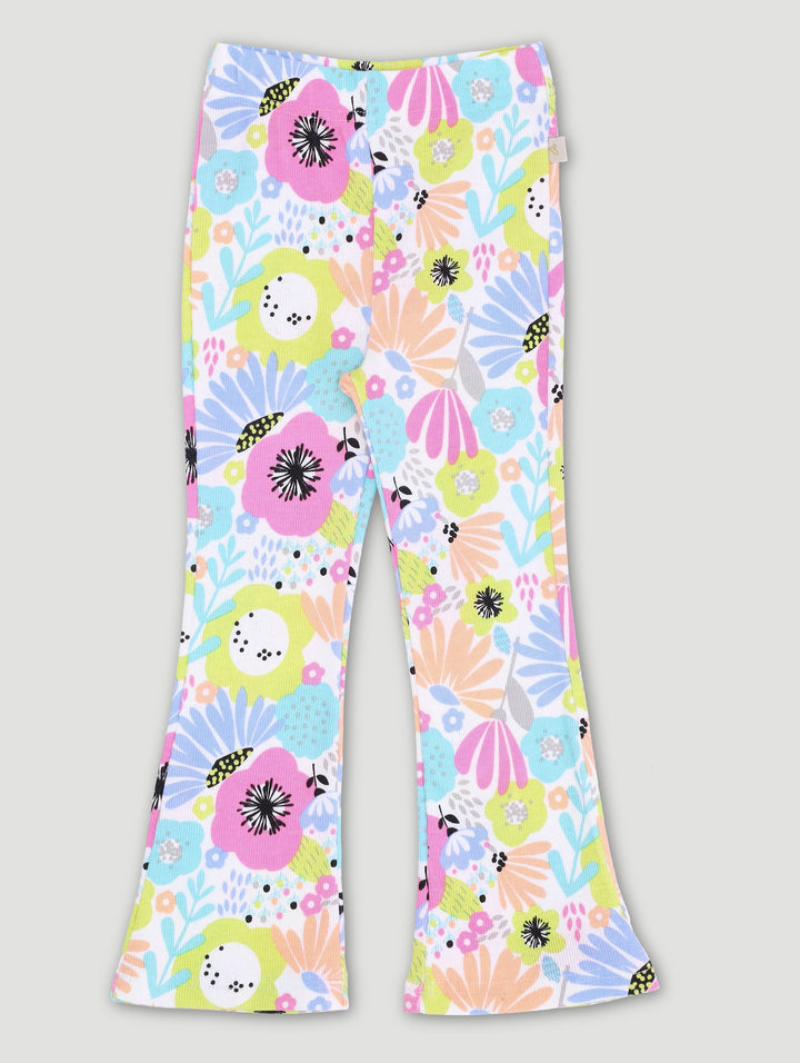 Pre-Girls Fun Floral Flare Leg Pants  - White