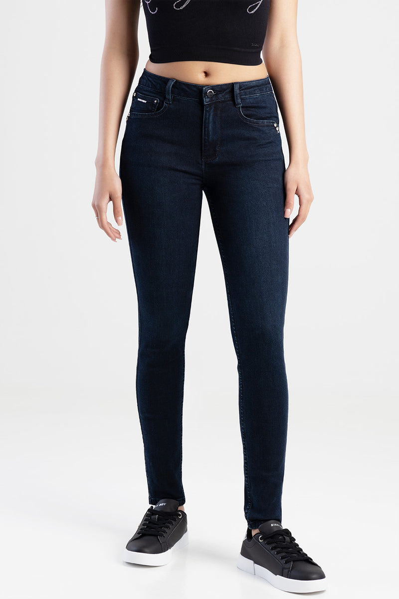 Mid Waist Skinny With A Curved Hem Denim Jeans - Blue/Black