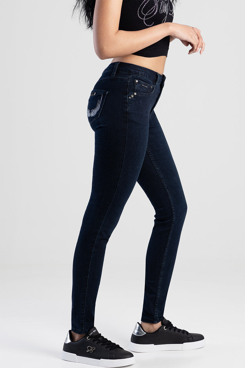 Mid Waist Skinny With A Curved Hem Denim Jeans - Blue/Black