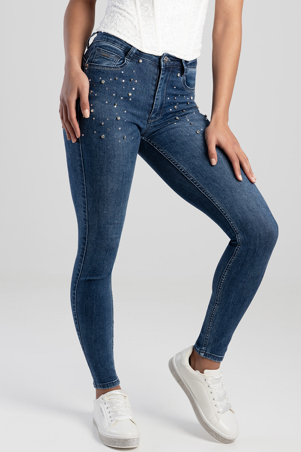 Mid Waist Skinny Jean With Bling - Medium Wash