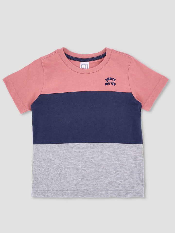 Pre-Boys Fashion Embroidered Colour Block Tee - Mahogany/Navy/Grey