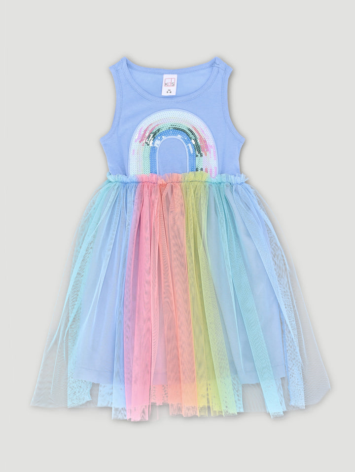 Pre-Girls Rainbow Party Dress - Light Blue