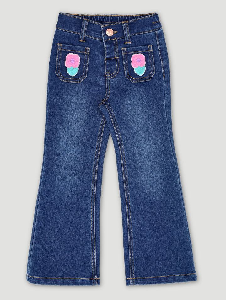 Pre-Girls Crochet Front Pocket Flare Denim - Blue