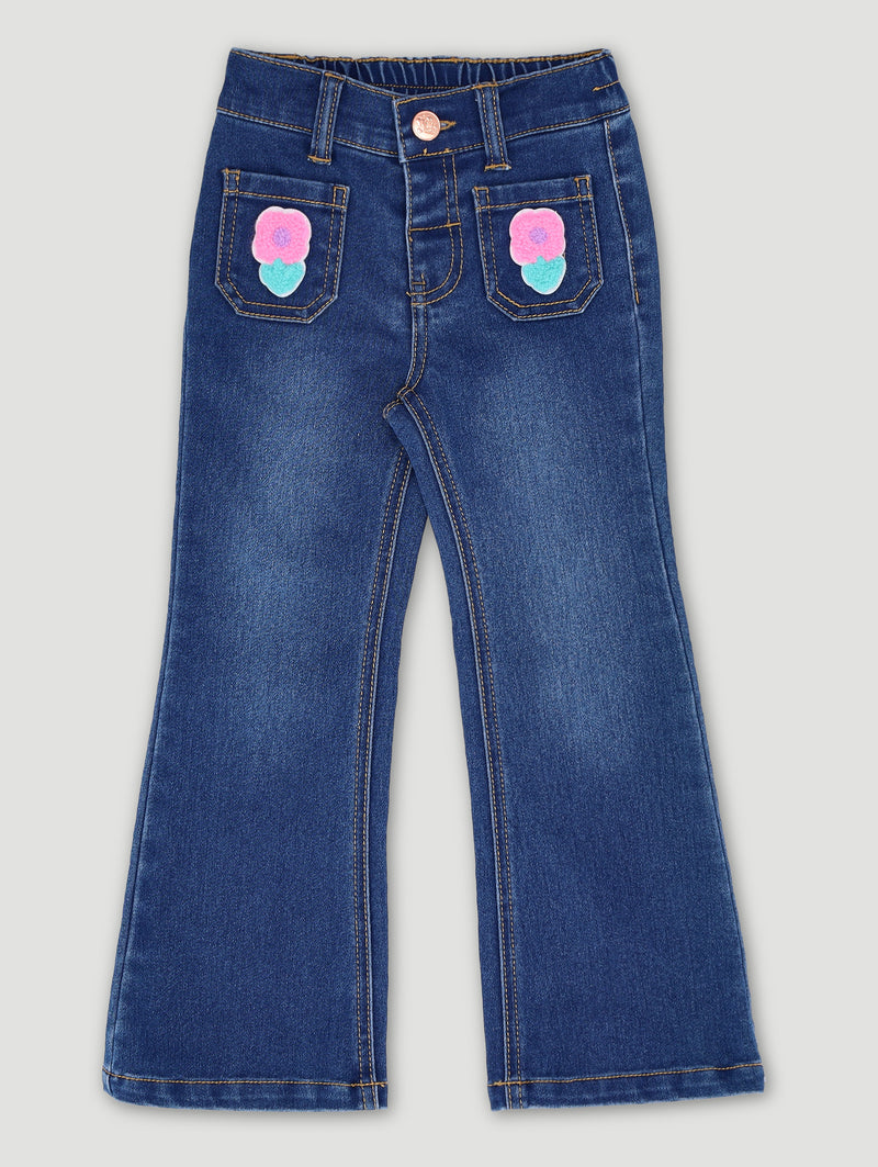 Pre-Girls Crochet Front Pocket Flare Denim - Blue