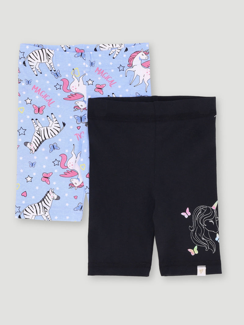 Pre-Girls 2 Pack Unicorn Placement Print Cycle Short - Black