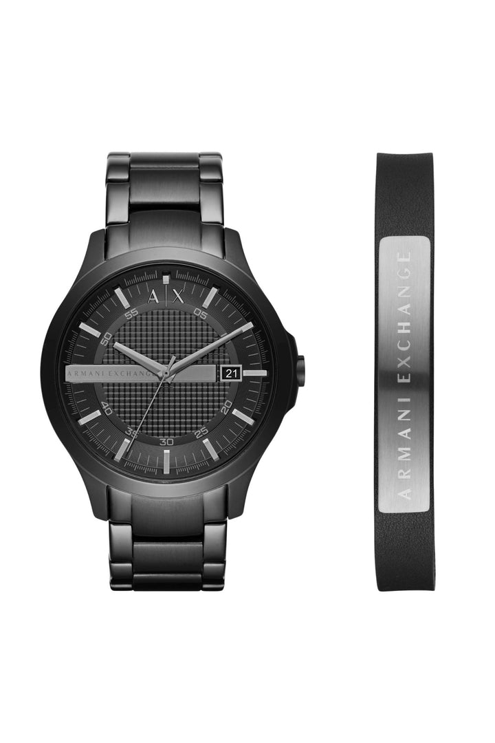 Mens Three-Hand Date Black Stainless Steel Watch And Bracelet Gift Set