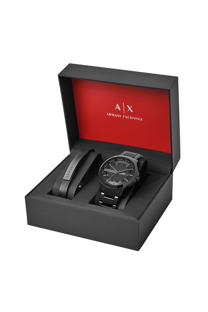 Mens Three-Hand Date Black Stainless Steel Watch And Bracelet Gift Set