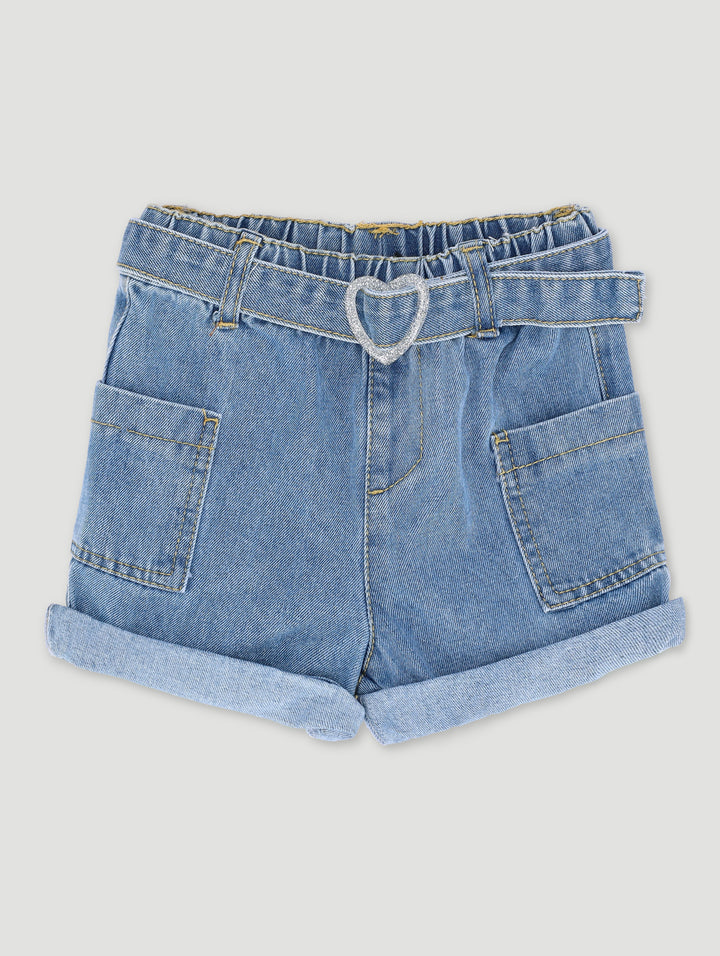 Pre-Girls Heart Buckle Paperbag Shorts - Mid Blue