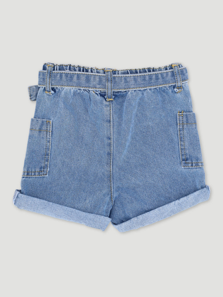 Pre-Girls Heart Buckle Paperbag Shorts - Mid Blue