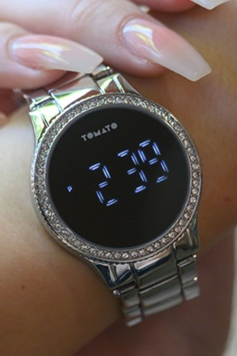 38mm Stone Case Silver LED Touch Watch - Silver