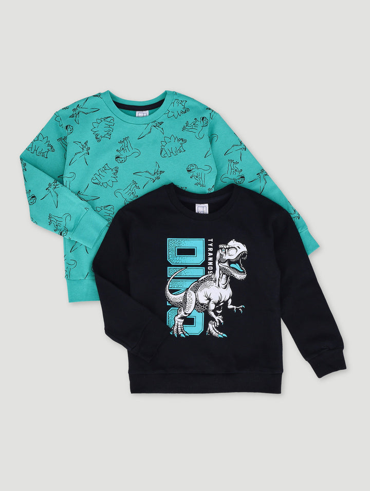 Pre-Boys 2 Pack Dino Print Crew Tops - Teal/Black