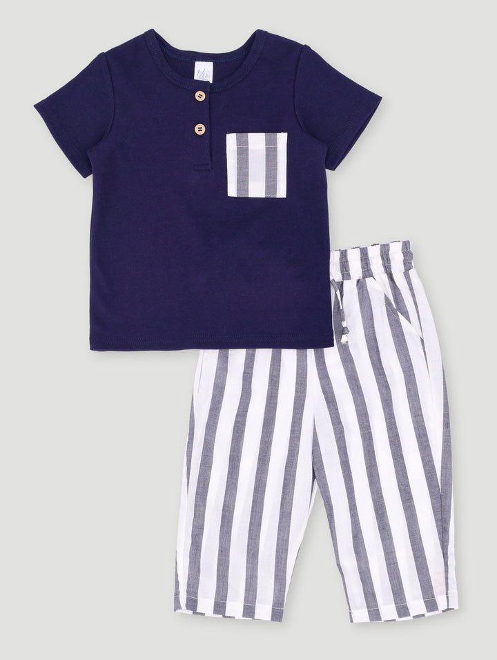 Baby Boys Striped Henley Set - Navy