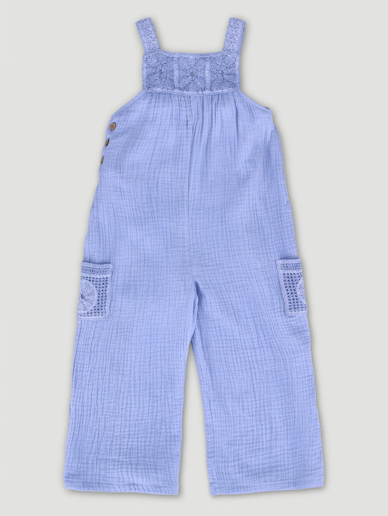 Keedo Girls Crochet Muslin Jumpsuit - Blue