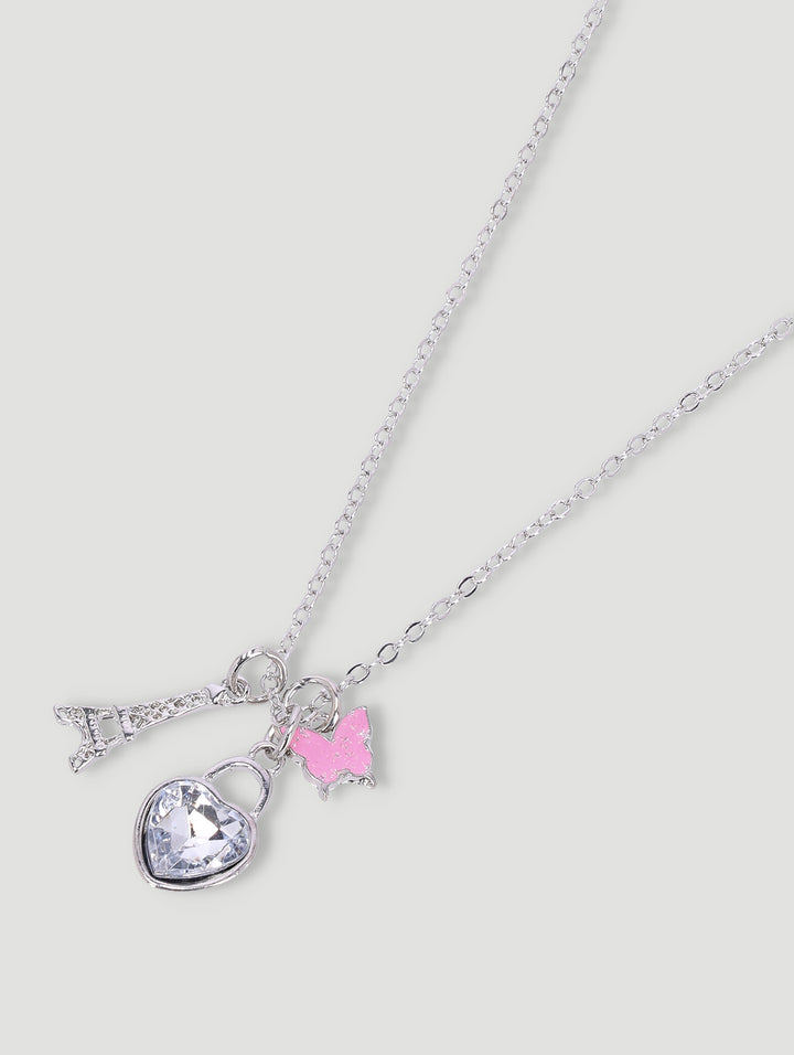 Pre-Girls Heart Butterfly Charm Necklace - Silver