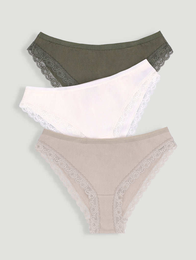 3 Pack Cotton Stretch Brazilian Panties - Olive/Taupe/Tofu